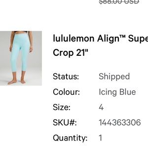 Lululemon Align SHR Crop Size 4 Icing Blue